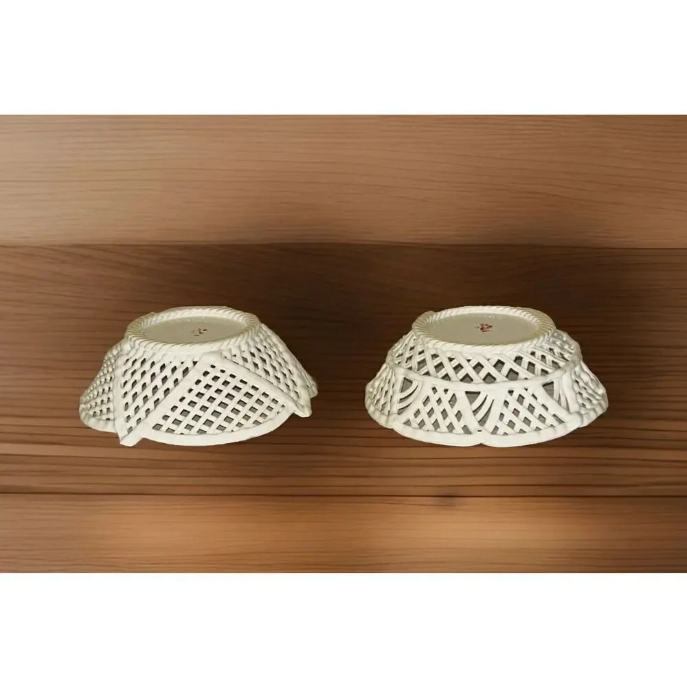 White Round Woven Latticed Ceramic Basket  Bowl Open Weave Set Of 2